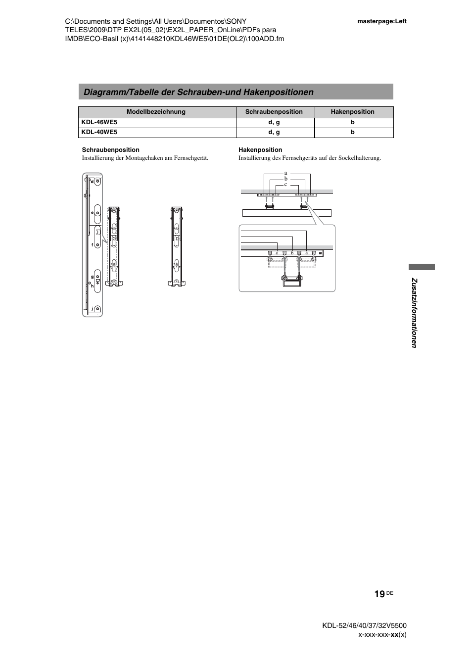 Diagramm/tabelle der schrauben-und hakenpositionen | Sony KDL-40WE5 User Manual | Page 19 / 152