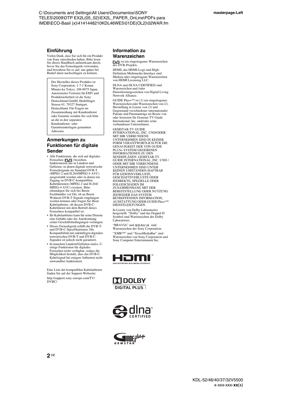 Einführung, Anmerkungen zu funktionen für digitale sender, Information zu warenzeichen | Sony KDL-40WE5 User Manual | Page 2 / 152