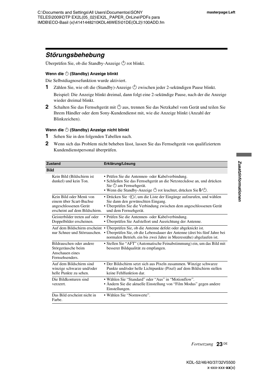 Störungsbehebung, 1 sehen sie in den folgenden tabellen nach | Sony KDL-40WE5 User Manual | Page 23 / 152