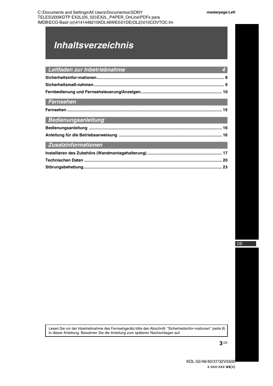 Sony KDL-40WE5 User Manual | Page 3 / 152