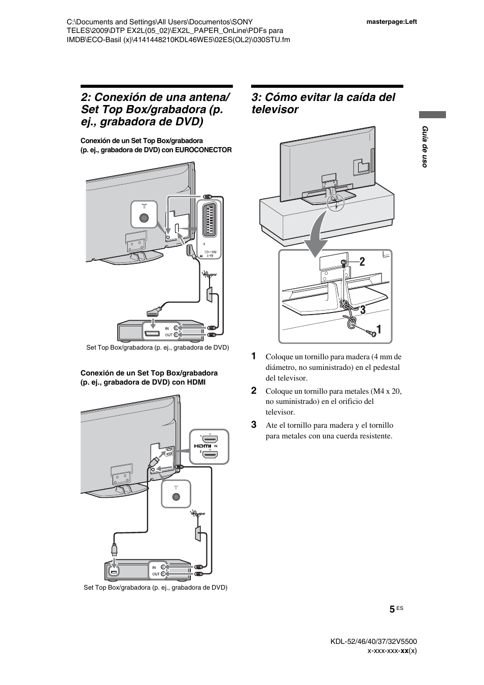 Cómo evitar la caída del televisor | Sony KDL-40WE5 User Manual | Page 30 / 152