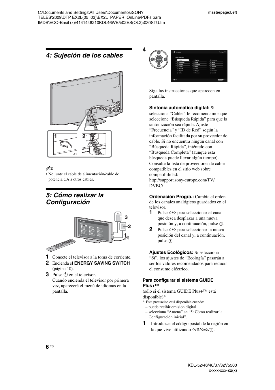 Sujeción de los cables, Cómo realizar la configuración, Para configurar el sistema guide plus | Sony KDL-40WE5 User Manual | Page 31 / 152