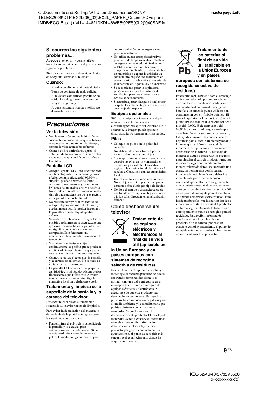 Precauciones | Sony KDL-40WE5 User Manual | Page 34 / 152