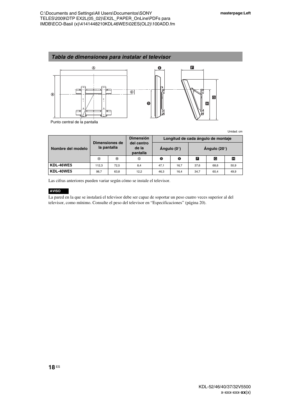 Tabla de dimensiones para instalar el televisor | Sony KDL-40WE5 User Manual | Page 43 / 152