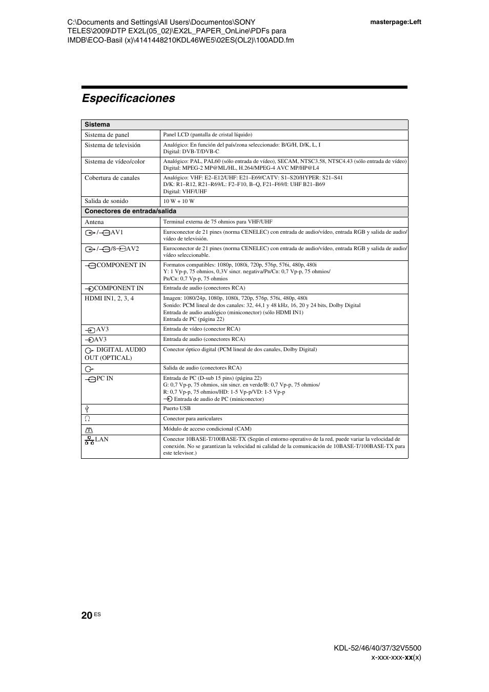 Especificaciones | Sony KDL-40WE5 User Manual | Page 45 / 152