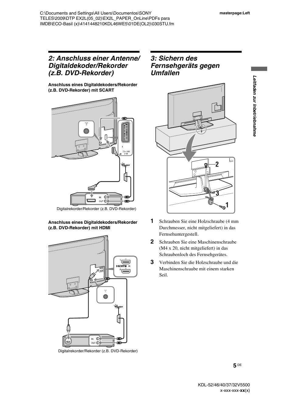 Sichern des fernsehgeräts gegen umfallen | Sony KDL-40WE5 User Manual | Page 5 / 152