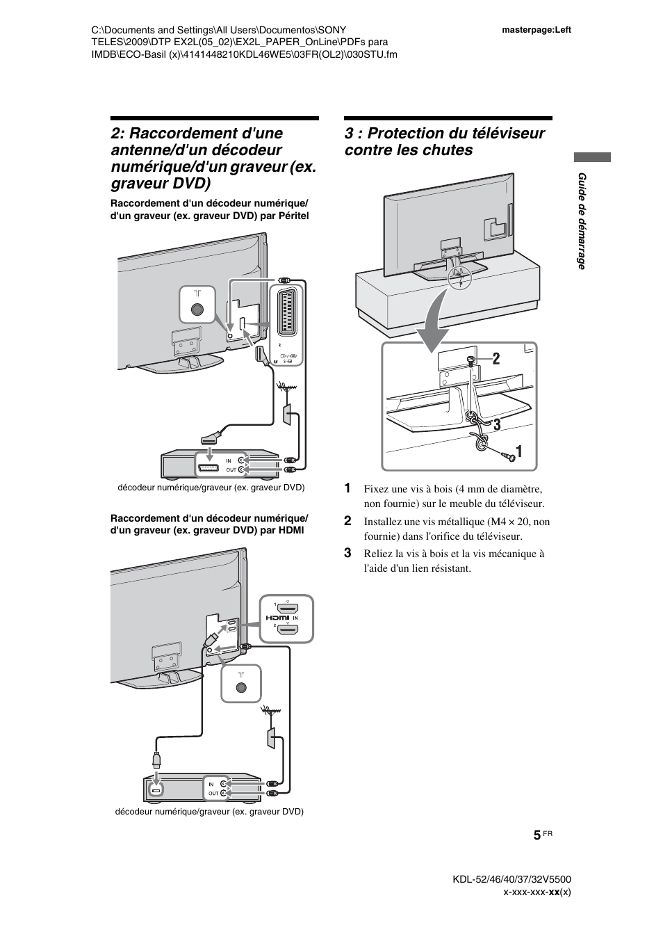 3 : protection du téléviseur contre les chutes | Sony KDL-40WE5 User Manual | Page 55 / 152