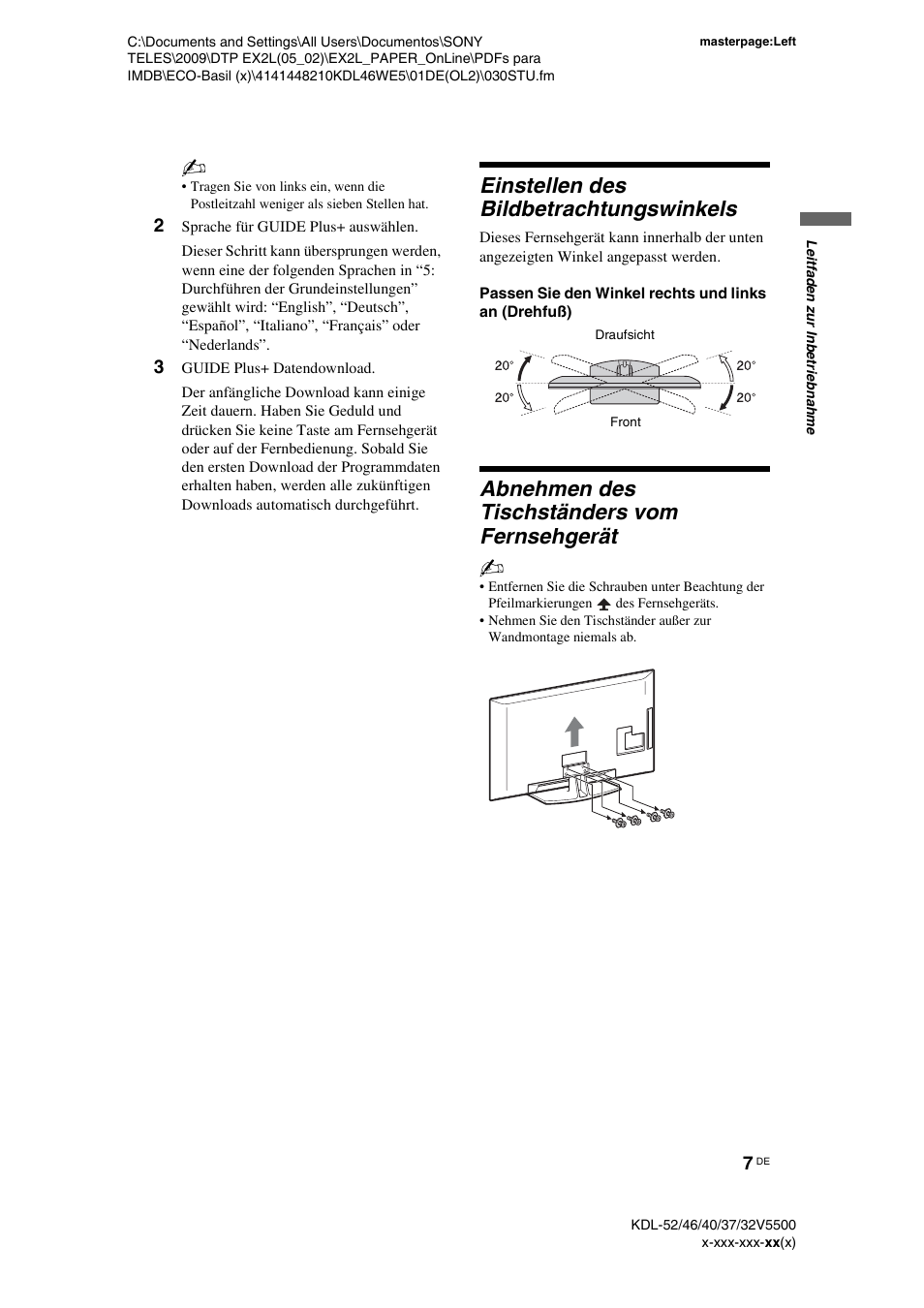 2 sprache für guide plus+ auswählen, 3 guide plus+ datendownload, Einstellen des bildbetrachtungswinkels | Abnehmen des tischständers vom fernsehgerät | Sony KDL-40WE5 User Manual | Page 7 / 152