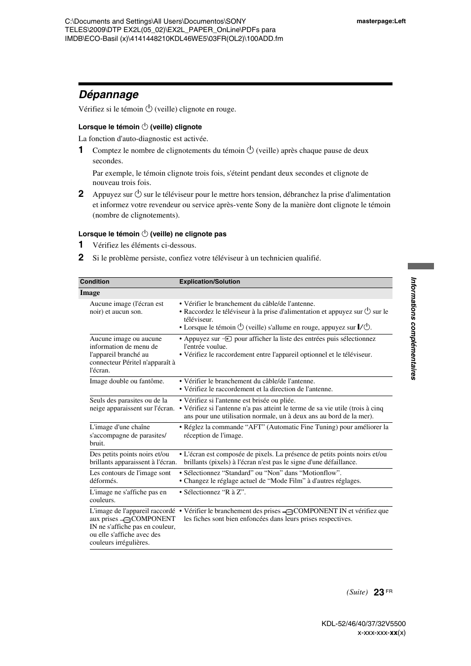 Dépannage, 1 vérifiez les éléments ci-dessous | Sony KDL-40WE5 User Manual | Page 73 / 152