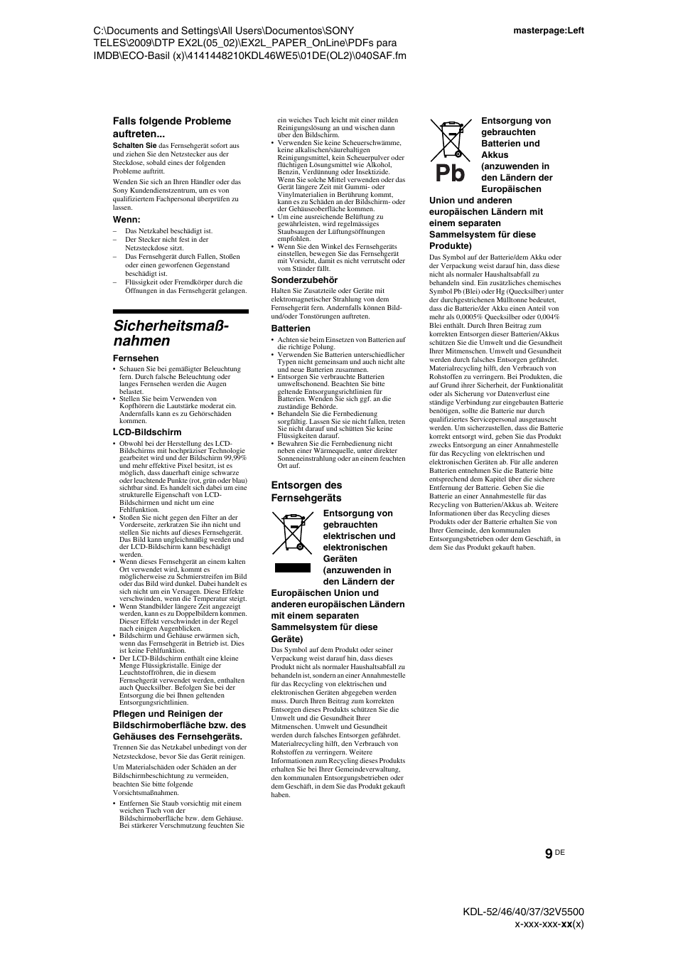 Sicherheitsmaß- nahmen, Sicherheitsmaß-nahmen | Sony KDL-40WE5 User Manual | Page 9 / 152