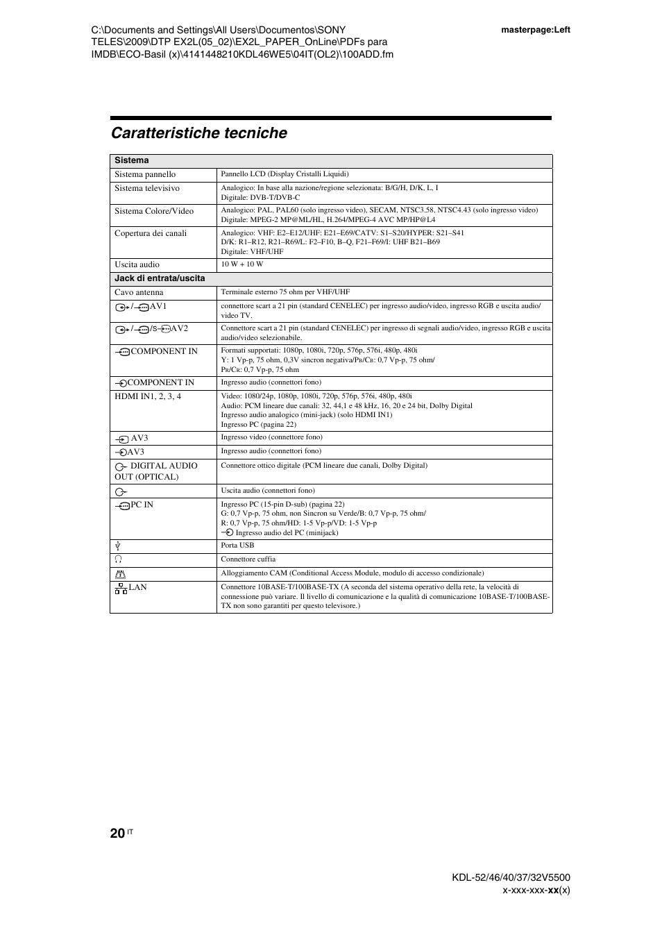 Caratteristiche tecniche | Sony KDL-40WE5 User Manual | Page 95 / 152