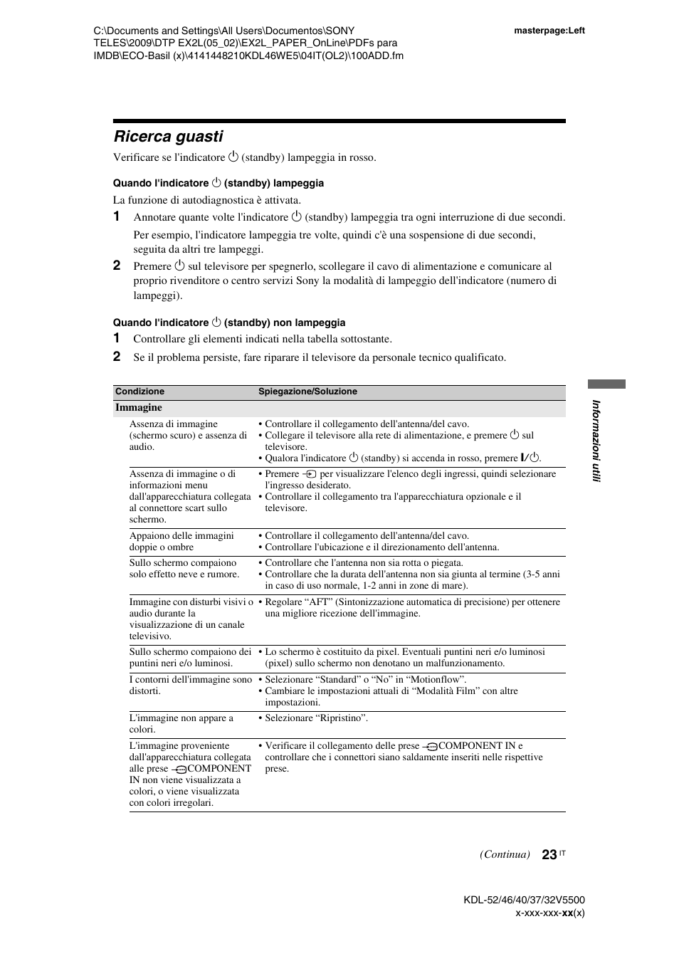 Ricerca guasti | Sony KDL-40WE5 User Manual | Page 98 / 152