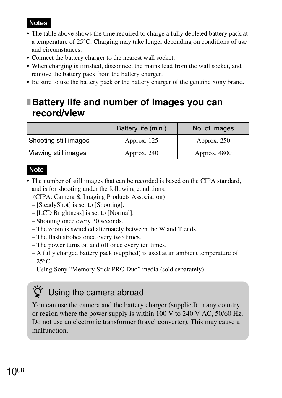 Using the camera abroad | Sony DSC-TX1 User Manual | Page 10 / 483