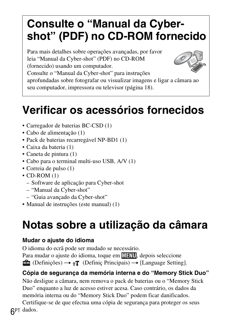 Verificar os acessórios fornecidos, Notas sobre a utilização da câmara | Sony DSC-TX1 User Manual | Page 104 / 483