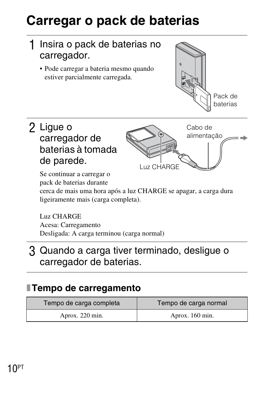 Carregar o pack de baterias, Insira o pack de baterias no carregador, Ligue o carregador de baterias à tomada de parede | Sony DSC-TX1 User Manual | Page 108 / 483