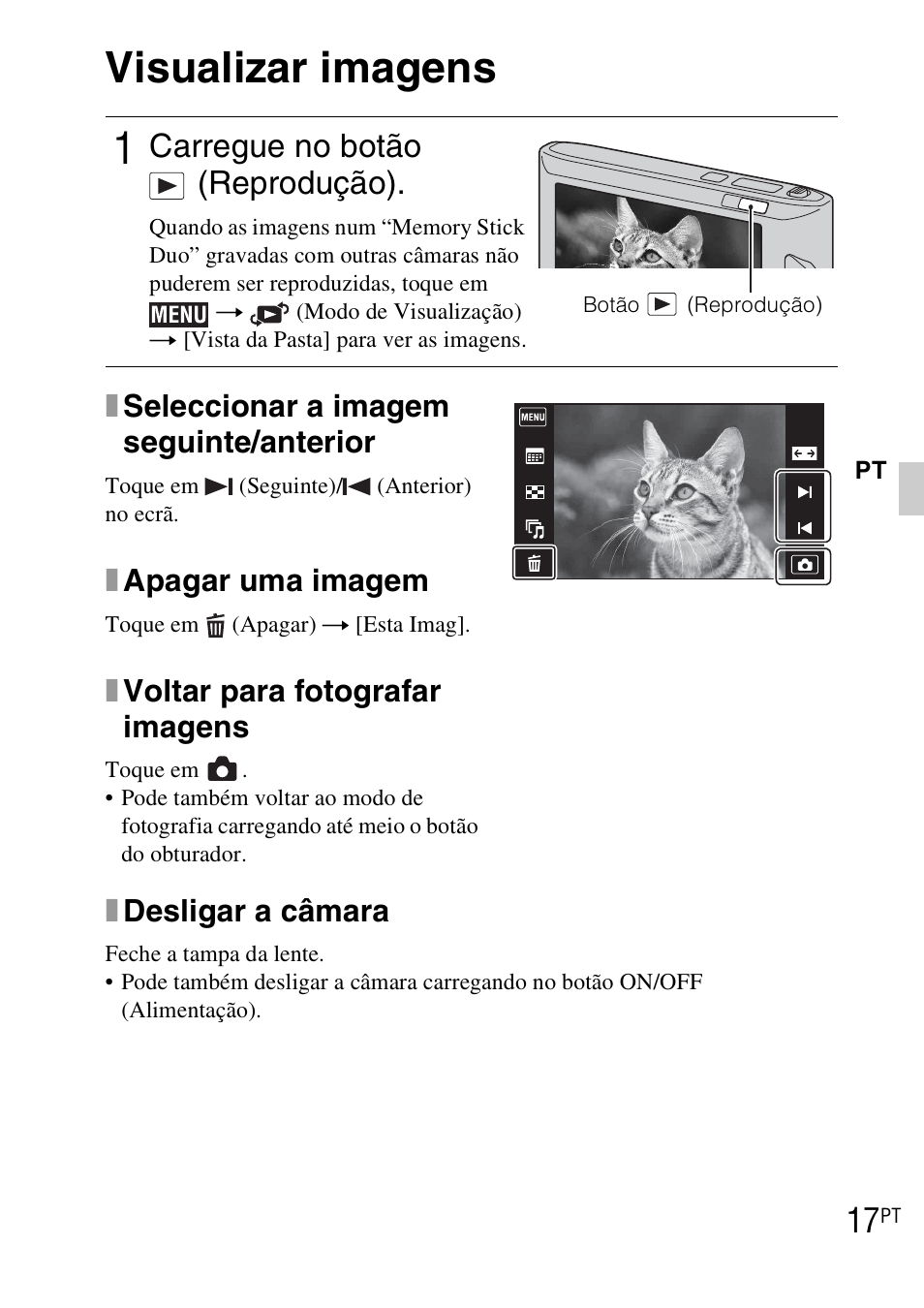 Visualizar imagens, Carregue no botão (reprodução), Xdesligar a câmara | Xseleccionar a imagem seguinte/anterior, Xapagar uma imagem, Xvoltar para fotografar imagens | Sony DSC-TX1 User Manual | Page 115 / 483