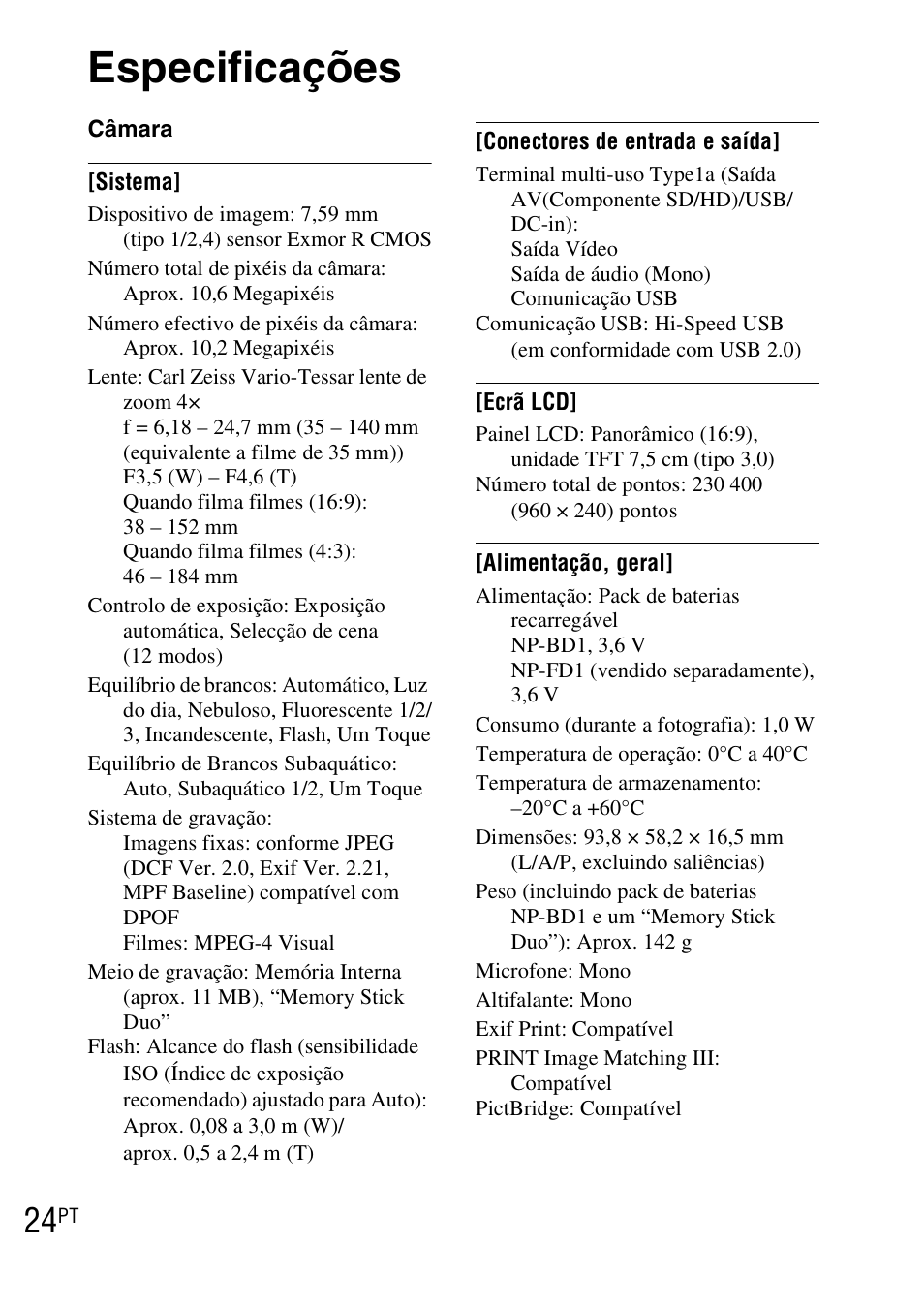 Especificações | Sony DSC-TX1 User Manual | Page 122 / 483