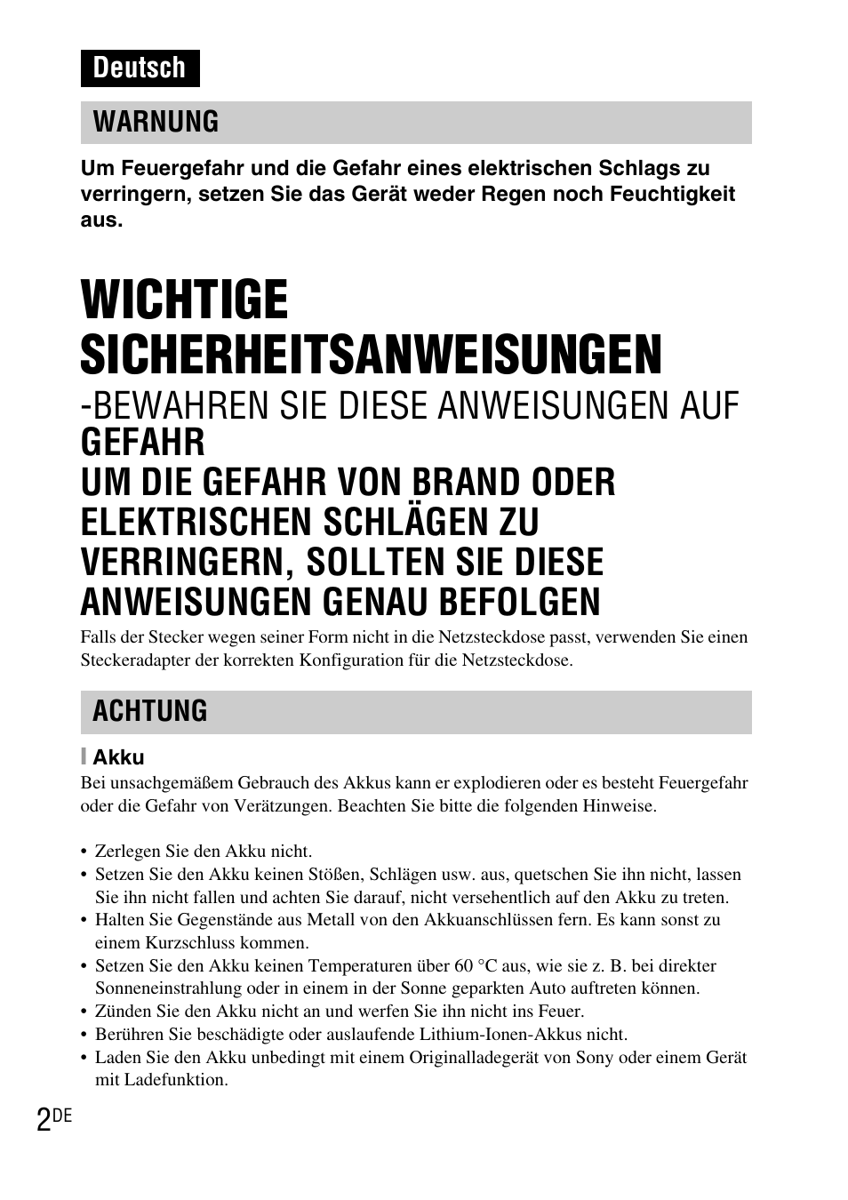 Deutsch, Wichtige sicherheitsanweisungen, Deutsch warnung achtung | Sony DSC-TX1 User Manual | Page 124 / 483