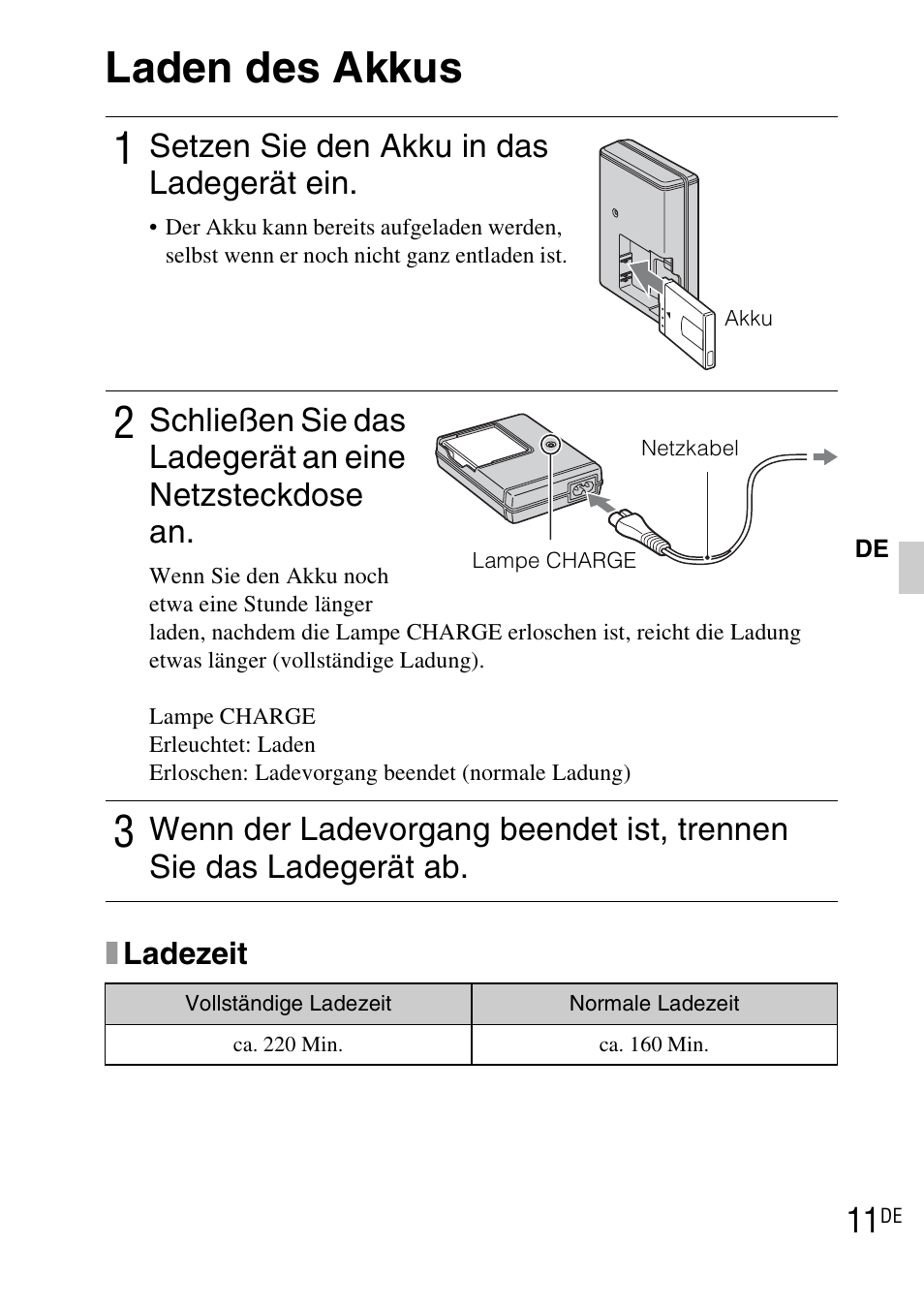 Laden des akkus, Setzen sie den akku in das ladegerät ein | Sony DSC-TX1 User Manual | Page 133 / 483