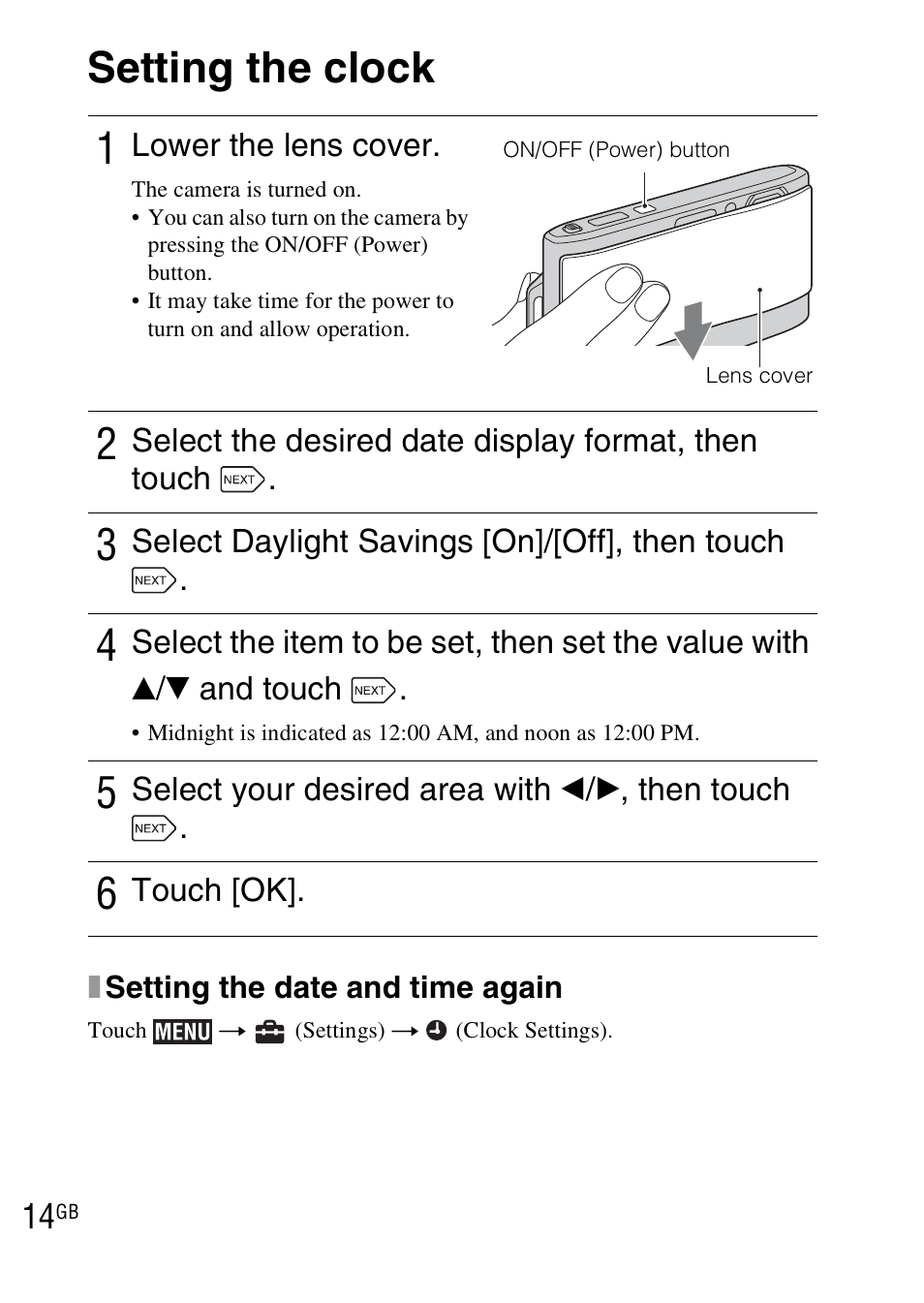 Setting the clock | Sony DSC-TX1 User Manual | Page 14 / 483