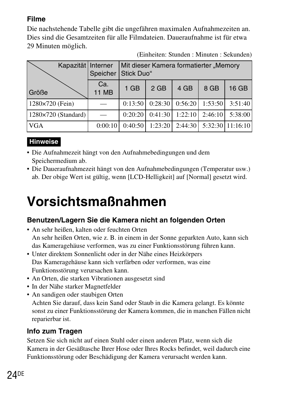 Vorsichtsmaßnahmen | Sony DSC-TX1 User Manual | Page 146 / 483