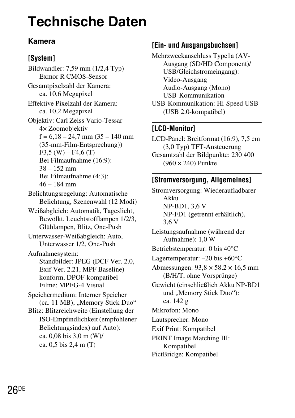 Technische daten | Sony DSC-TX1 User Manual | Page 148 / 483