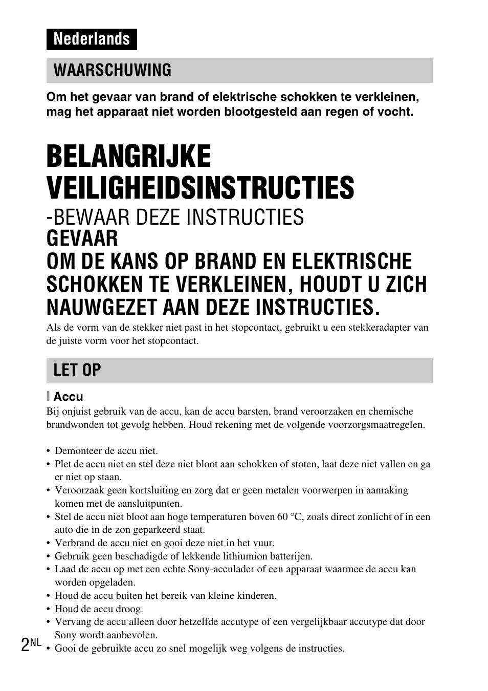 Nederlands, Belangrijke veiligheidsinstructies, Nederlands waarschuwing let op | Sony DSC-TX1 User Manual | Page 150 / 483