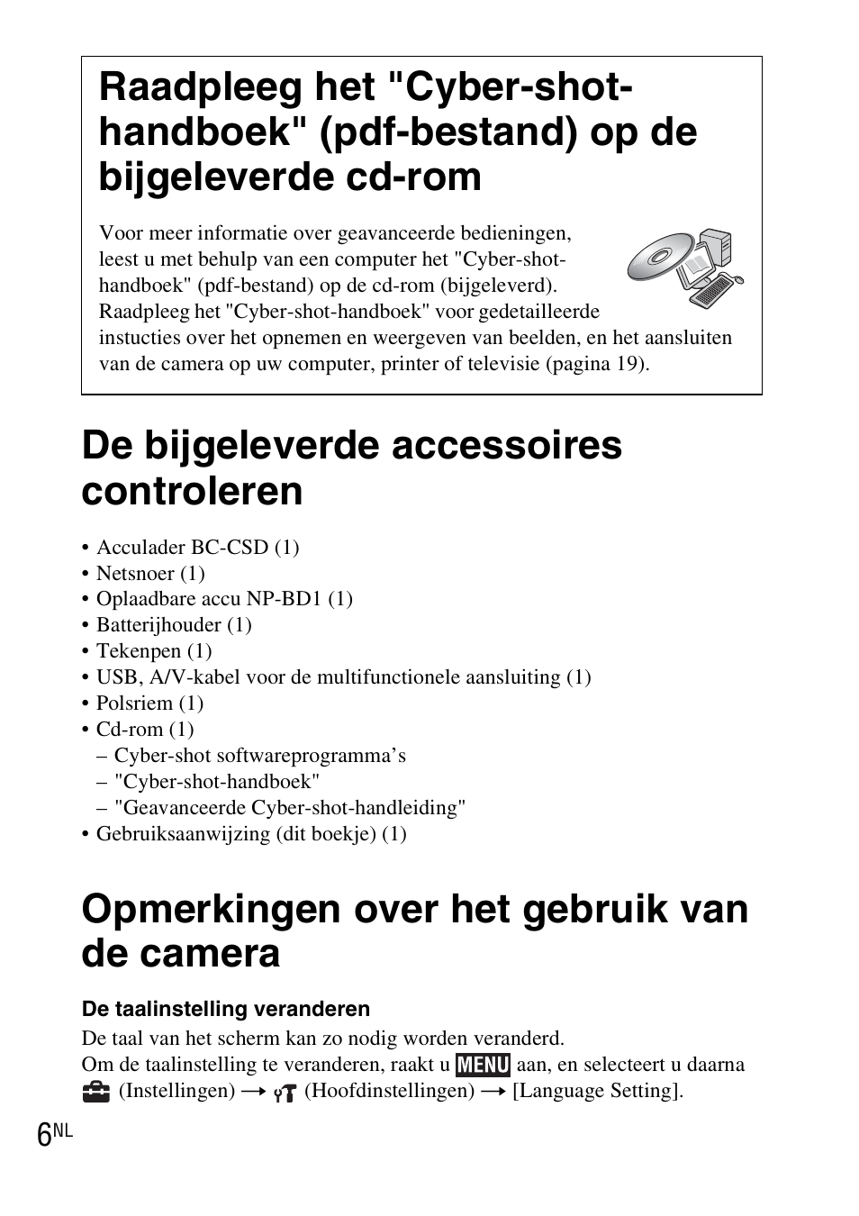 De bijgeleverde accessoires controleren, Opmerkingen over het gebruik van de camera | Sony DSC-TX1 User Manual | Page 154 / 483