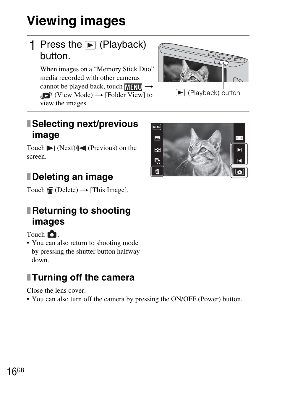 Viewing images, Press the (playback) button | Sony DSC-TX1 User Manual | Page 16 / 483