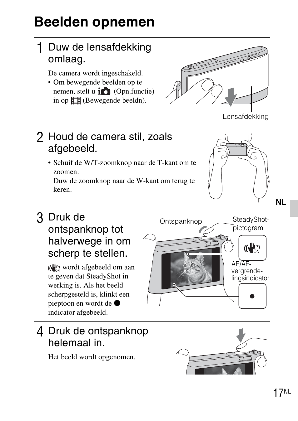 Beelden opnemen, Beelden opnemen 1, Duw de lensafdekking omlaag | Houd de camera stil, zoals afgebeeld, Druk de ontspanknop helemaal in | Sony DSC-TX1 User Manual | Page 165 / 483