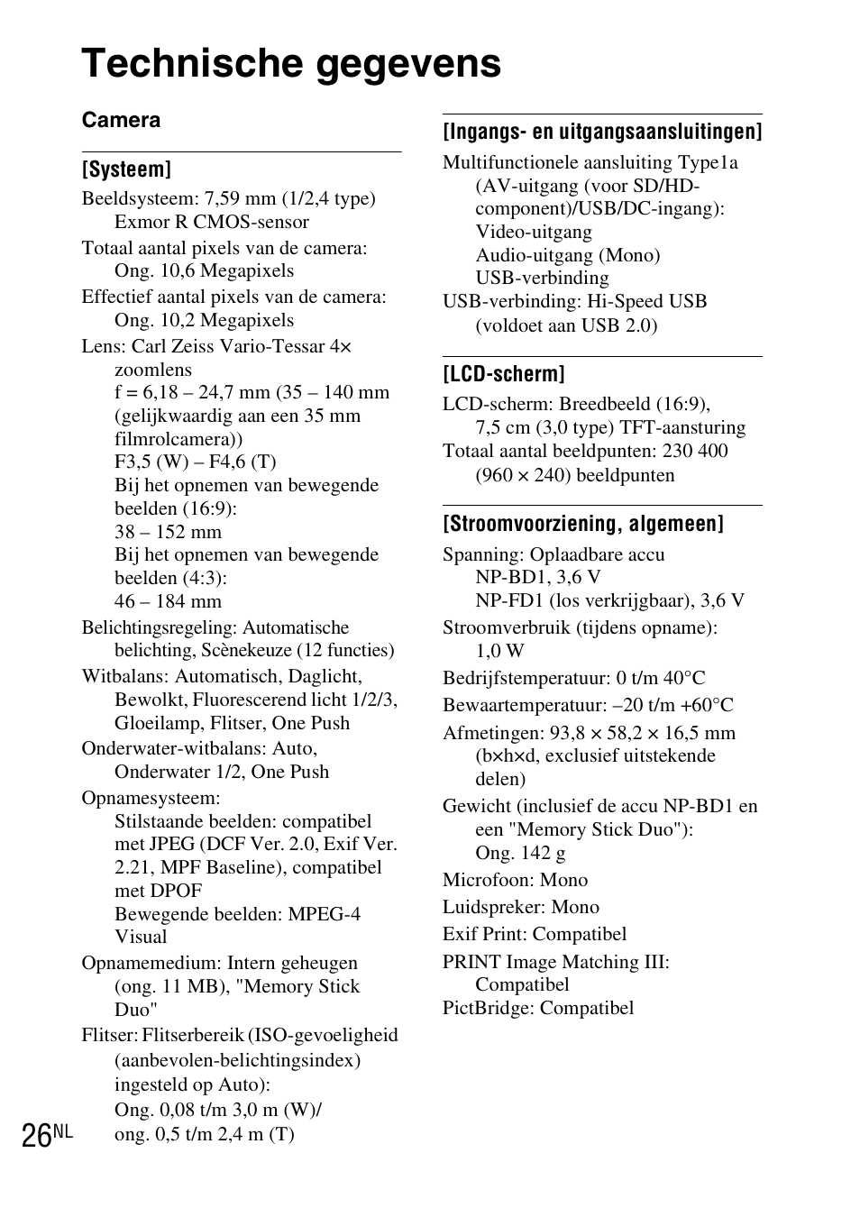 Technische gegevens | Sony DSC-TX1 User Manual | Page 174 / 483