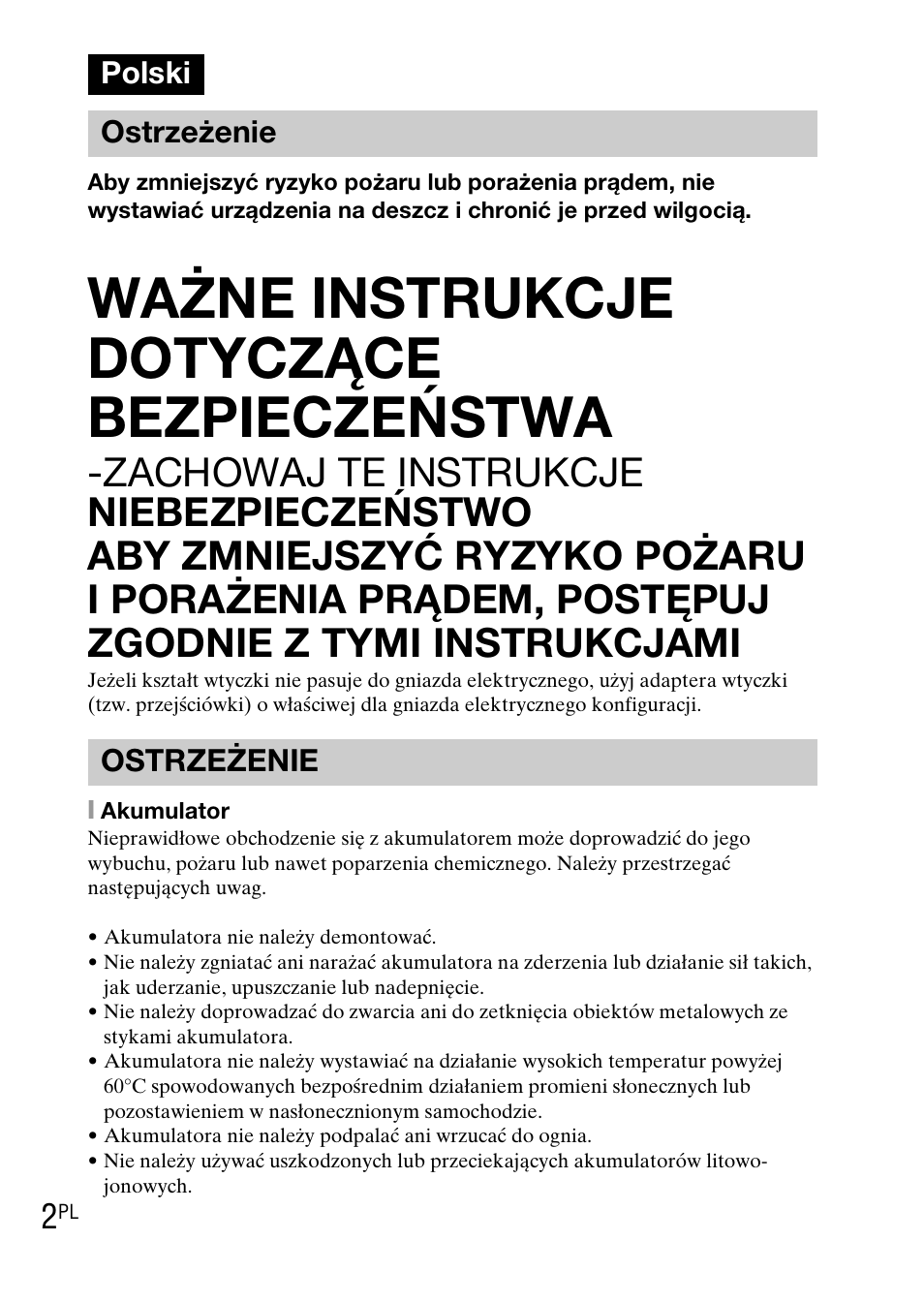 Polski, Ważne instrukcje dotyczące bezpieczeństwa, Polski ostrzeżenie ostrzeżenie | Sony DSC-TX1 User Manual | Page 176 / 483