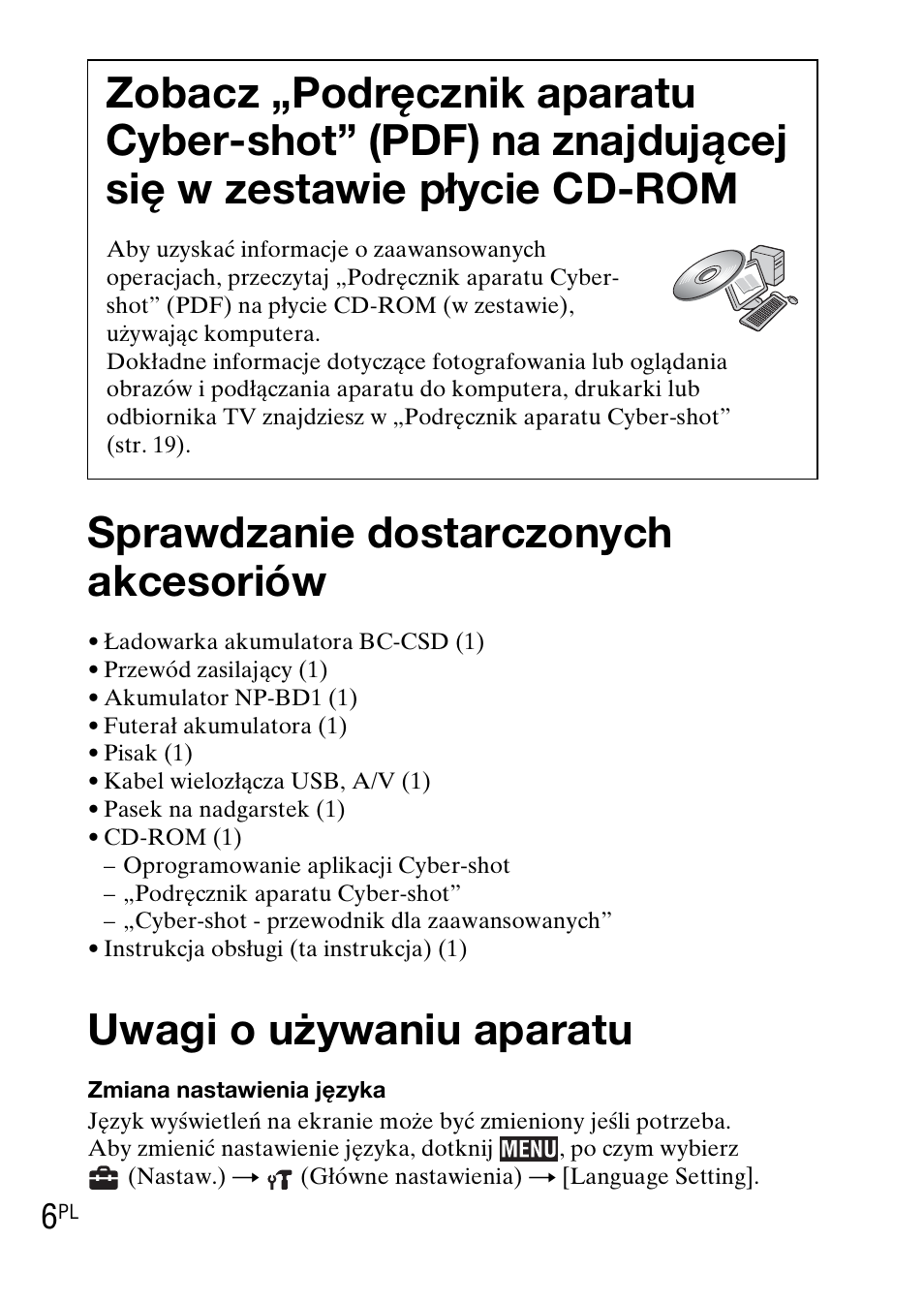 Sprawdzanie dostarczonych akcesoriów, Uwagi o używaniu aparatu | Sony DSC-TX1 User Manual | Page 180 / 483