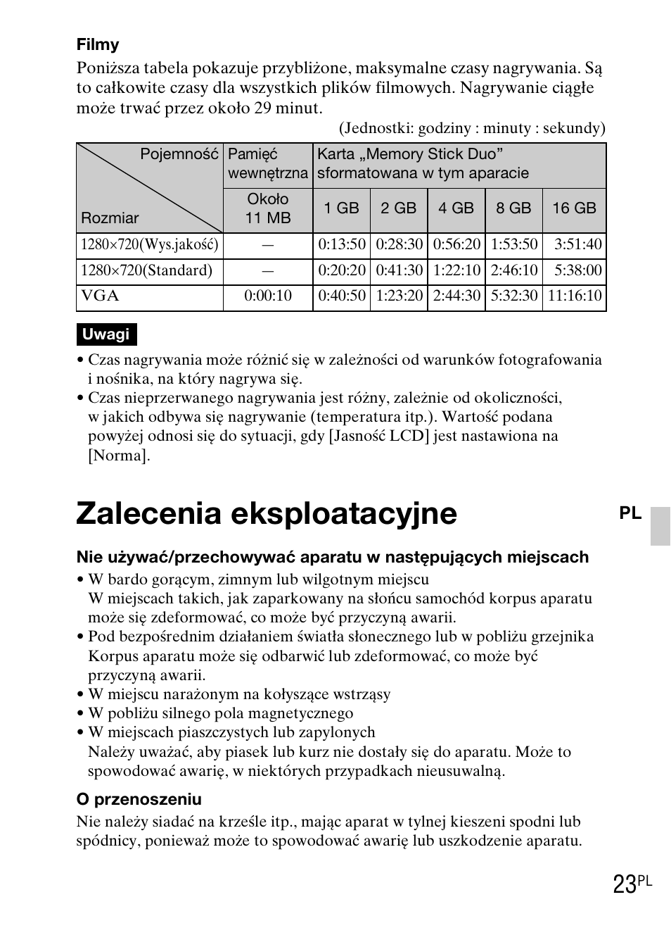 Zalecenia eksploatacyjne | Sony DSC-TX1 User Manual | Page 197 / 483
