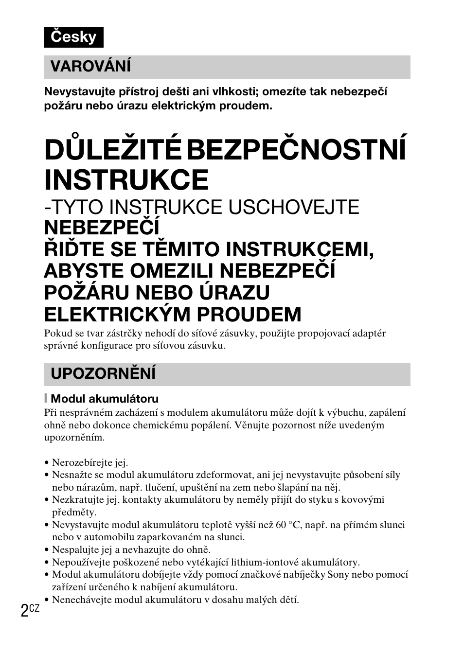 Česky, Důležité bezpečnostní instrukce, Česky varování upozornění | Sony DSC-TX1 User Manual | Page 202 / 483