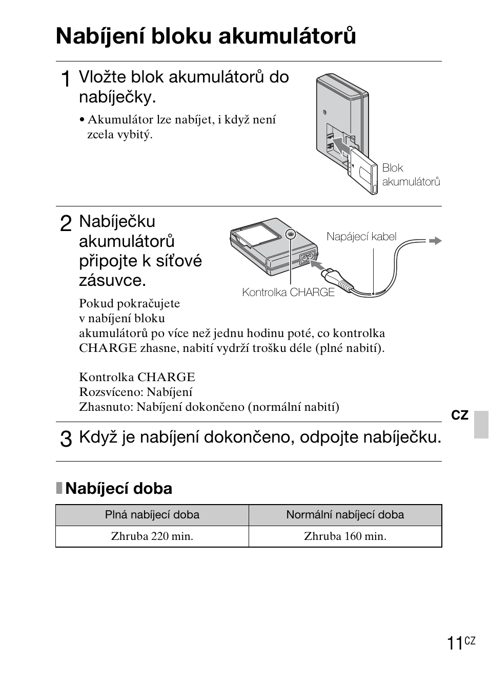 Nabíjení bloku akumulátorů, Vložte blok akumulátorů do nabíječky, Nabíječku akumulátorů připojte k síťové zásuvce | Když je nabíjení dokončeno, odpojte nabíječku | Sony DSC-TX1 User Manual | Page 211 / 483