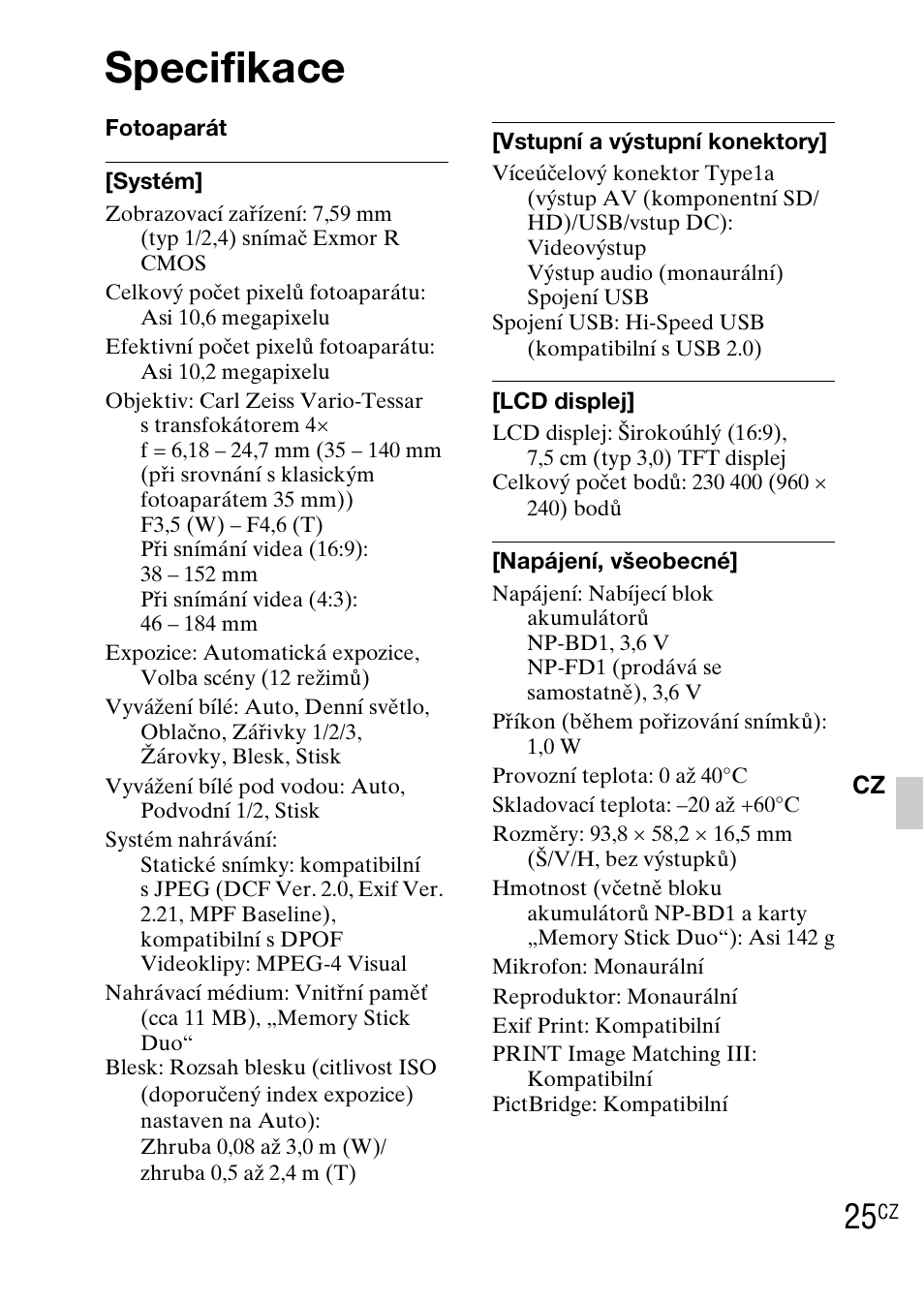 Specifikace | Sony DSC-TX1 User Manual | Page 225 / 483