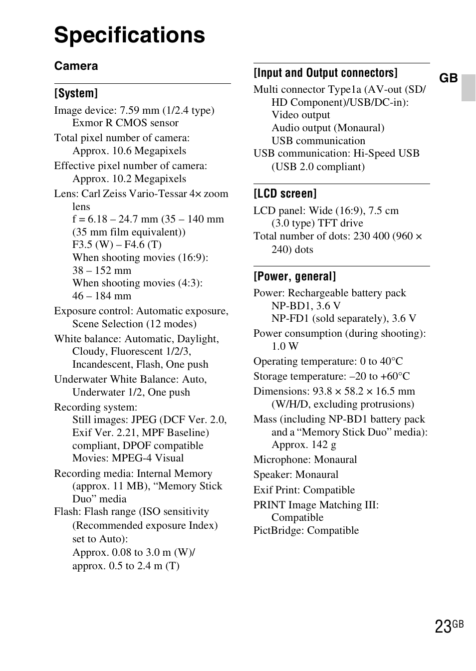 Specifications | Sony DSC-TX1 User Manual | Page 23 / 483