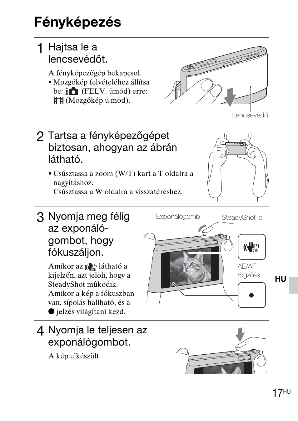Fényképezés, Fényképezés 1, Hajtsa le a lencsevédőt | Nyomja le teljesen az exponálógombot | Sony DSC-TX1 User Manual | Page 243 / 483