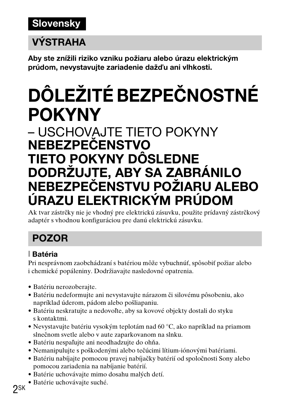 Slovensky, Dôležité bezpečnostné pokyny, Slovensky výstraha pozor | Sony DSC-TX1 User Manual | Page 254 / 483