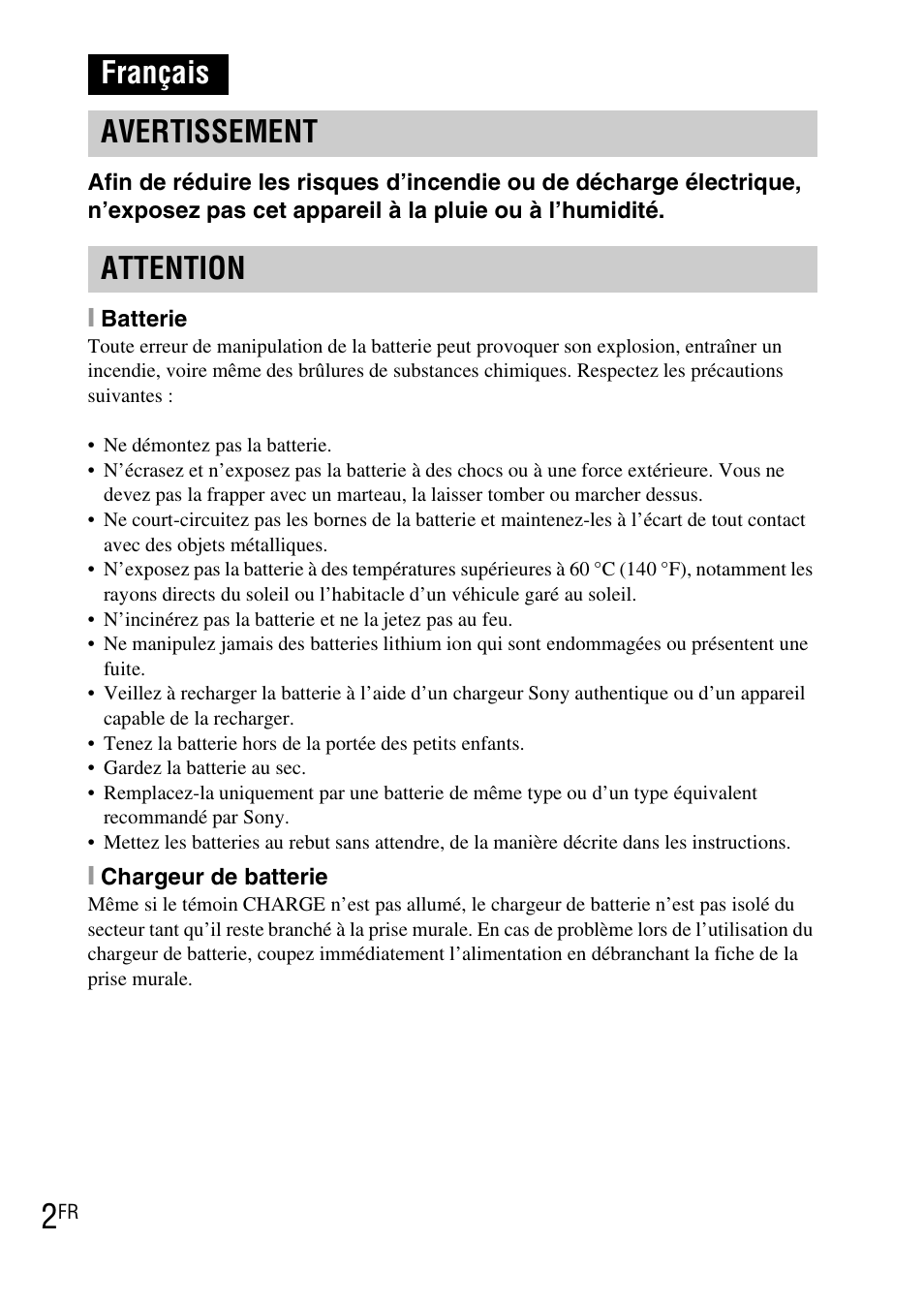 Français, Français avertissement attention | Sony DSC-TX1 User Manual | Page 26 / 483