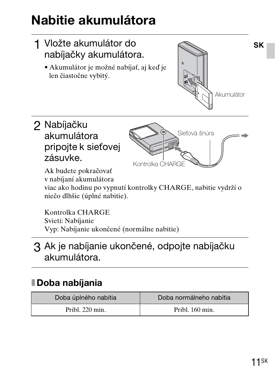 Nabitie akumulátora, Vložte akumulátor do nabíjačky akumulátora, Nabíjačku akumulátora pripojte k sieťovej zásuvke | Sony DSC-TX1 User Manual | Page 263 / 483