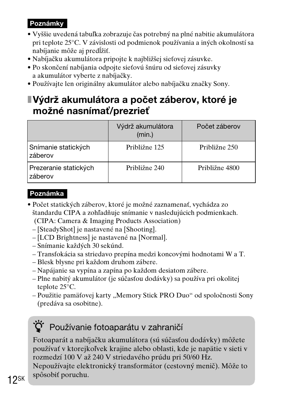 Používanie fotoaparátu v zahraničí | Sony DSC-TX1 User Manual | Page 264 / 483