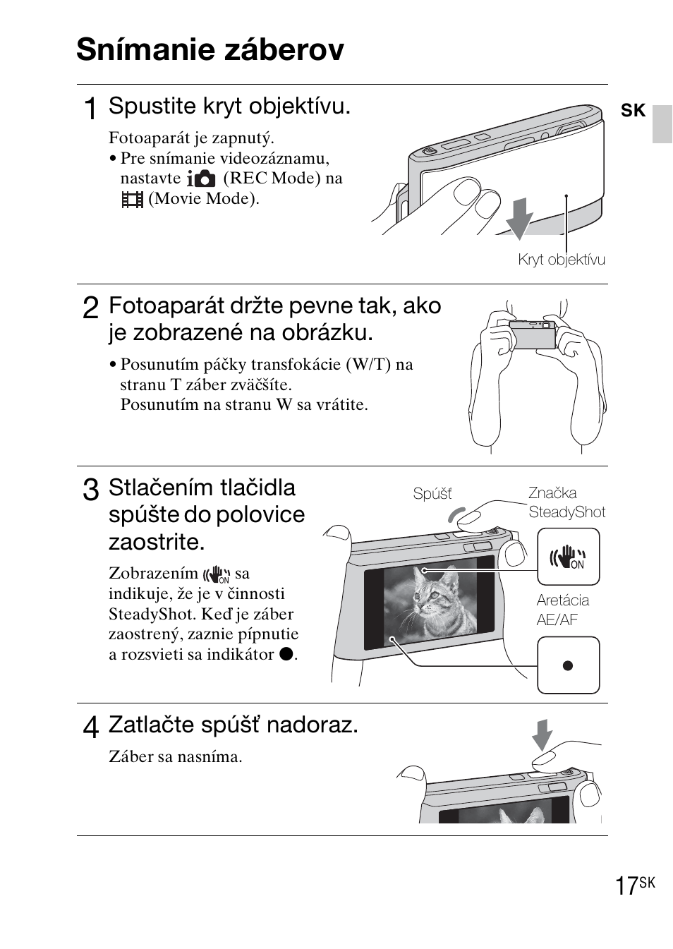 Snímanie záberov, Snímanie záberov 1, Spustite kryt objektívu | Stlačením tlačidla spúšte do polovice zaostrite, Zatlačte spúšť nadoraz | Sony DSC-TX1 User Manual | Page 269 / 483