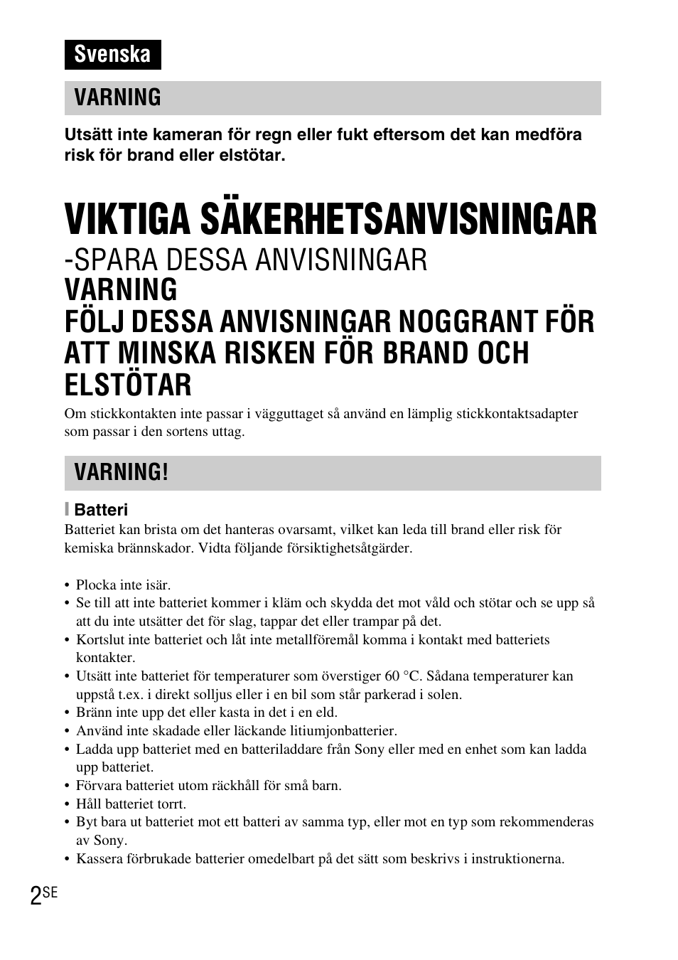 Svenska, Viktiga säkerhetsanvisningar, Svenska varning varning | Sony DSC-TX1 User Manual | Page 280 / 483