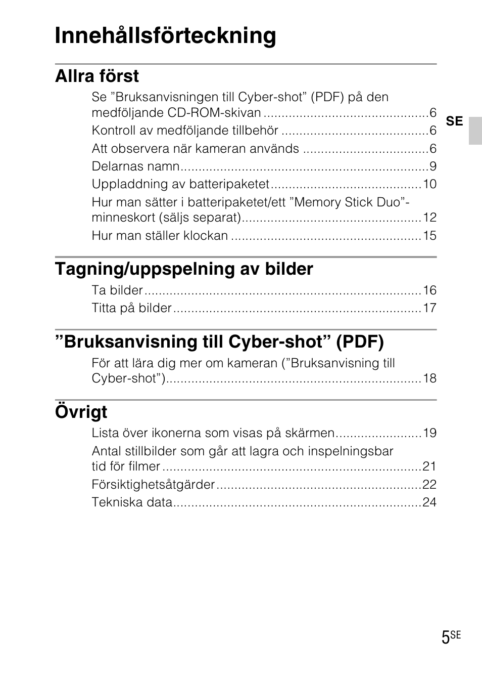 Innehållsförteckning, Allra först, Tagning/uppspelning av bilder | Bruksanvisning till cyber-shot” (pdf), Övrigt | Sony DSC-TX1 User Manual | Page 283 / 483