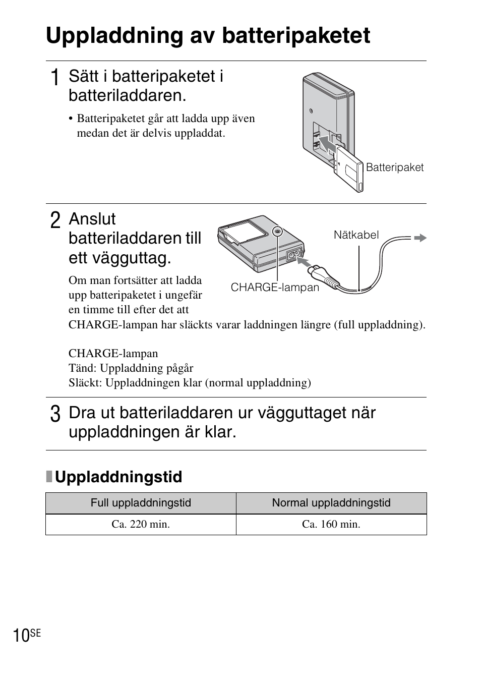 Uppladdning av batteripaketet, Sätt i batteripaketet i batteriladdaren, Anslut batteriladdaren till ett vägguttag | Sony DSC-TX1 User Manual | Page 288 / 483