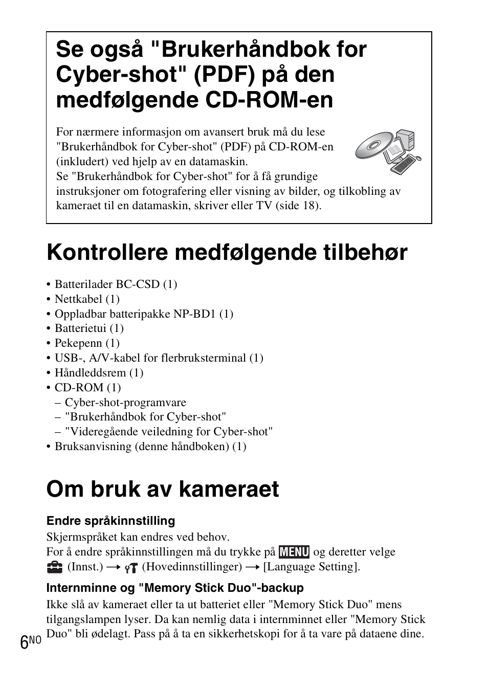 Kontrollere medfølgende tilbehør, Om bruk av kameraet | Sony DSC-TX1 User Manual | Page 332 / 483