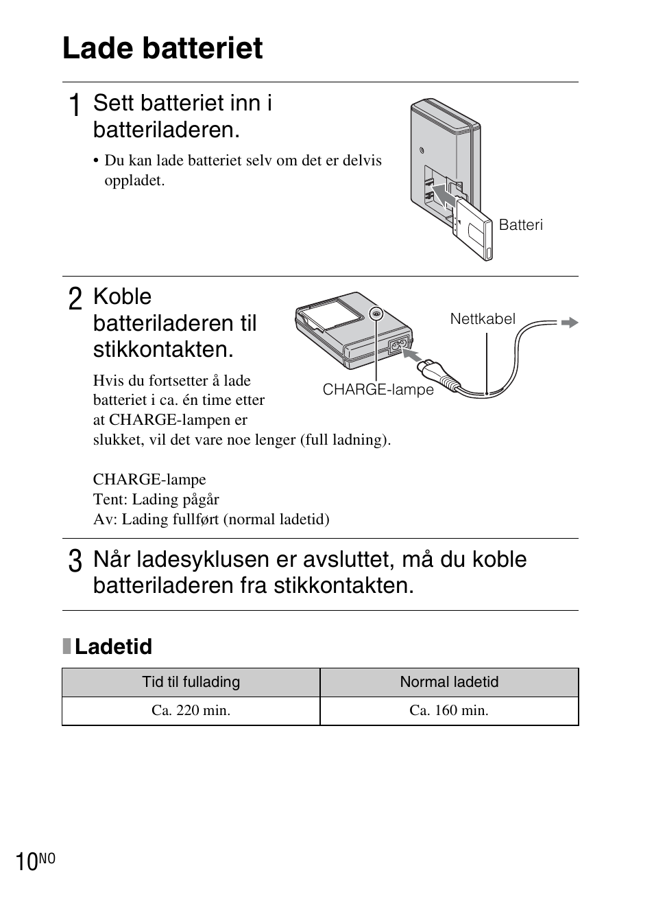 Lade batteriet, Sett batteriet inn i batteriladeren, Koble batteriladeren til stikkontakten | Sony DSC-TX1 User Manual | Page 336 / 483