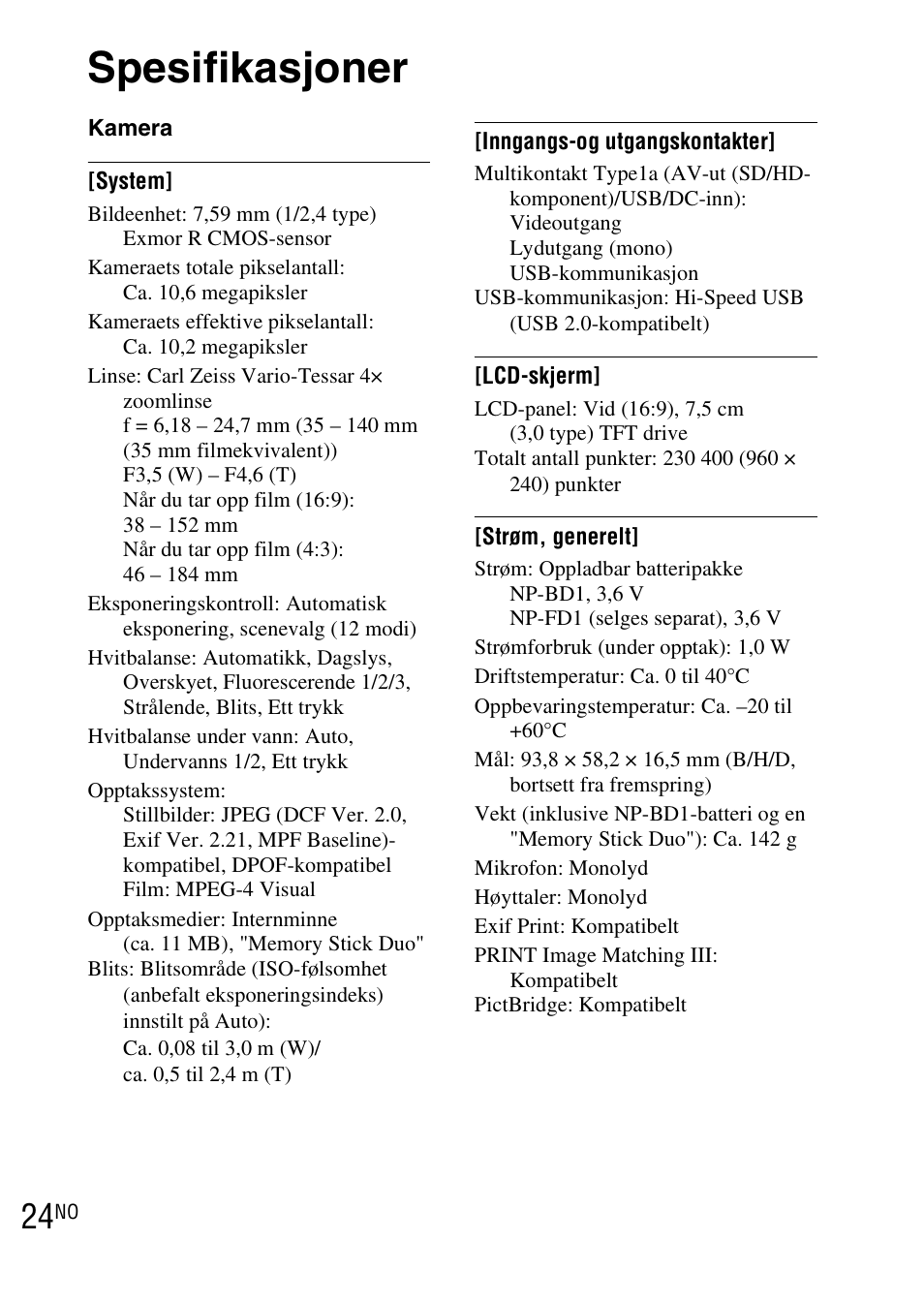 Spesifikasjoner | Sony DSC-TX1 User Manual | Page 350 / 483